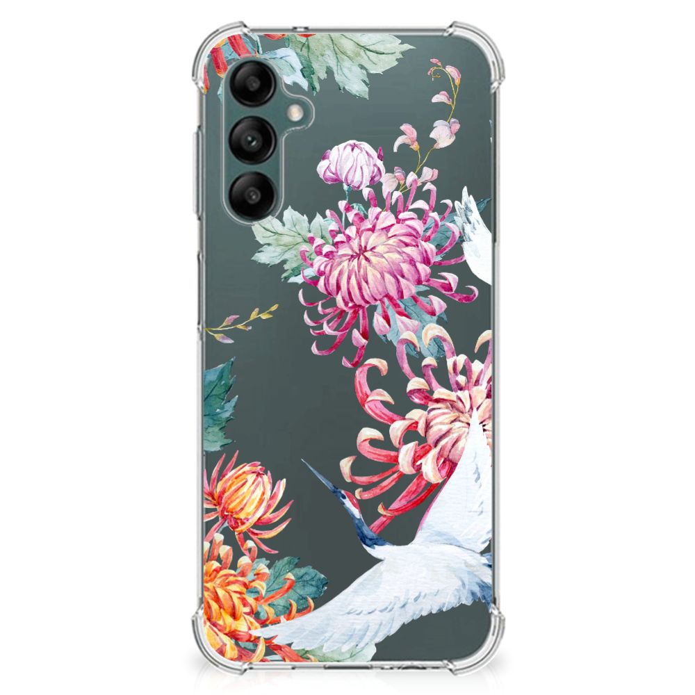 Samsung Galaxy A14 5G/4G Case Anti-shock Bird Flowers with colorful floral design and cranes.