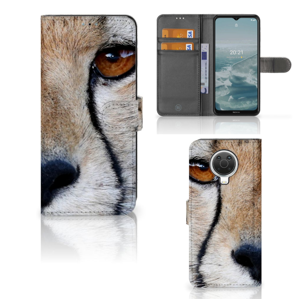 Nokia G10 | G20 Telefoonhoesje met Pasjes Cheetah met close-up cheeta afbeelding en pasjesruimte.