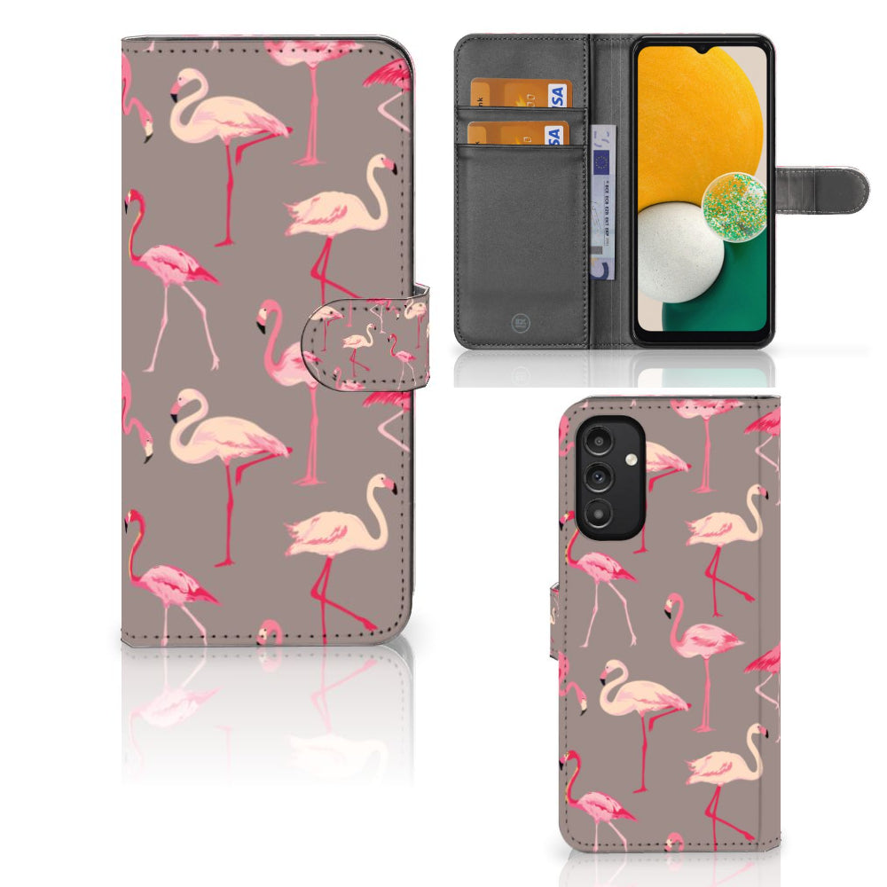 Samsung Galaxy A14 4G Telefoonhoesje met Pasjes Flamingo met tropische flamingo-print en vakken voor pasjes