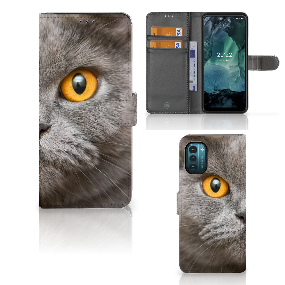 Telefoonhoesje met Pasjes Nokia G11 | G21 Britse Korthaar met kattenontwerp en pasjeshouder
