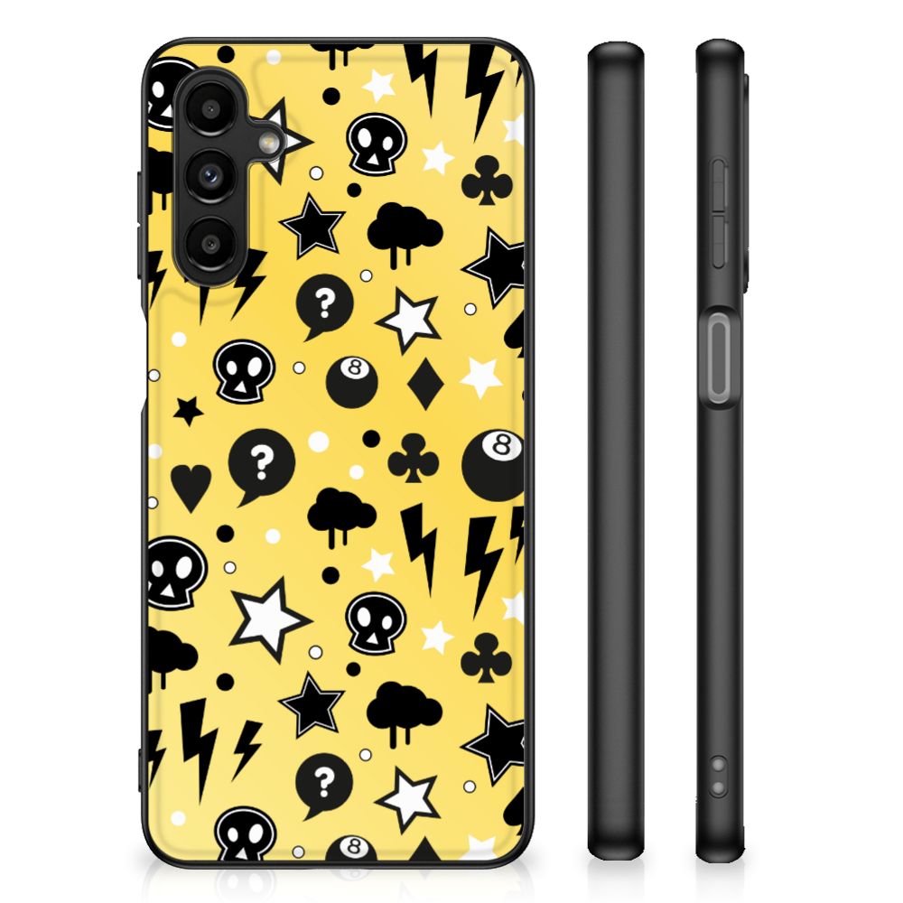 Telefoonhoesje Samsung Galaxy A14 5G Punk Geel met zwart-witte skulls en sterren op een gele achtergrond.
