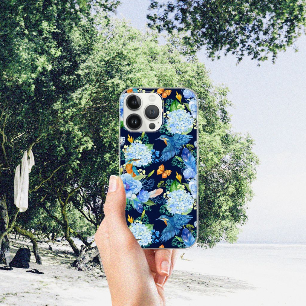 TPU Hoesje voor iPhone 13 Pro Max IJsvogel met bloemen en vlinders op een strand