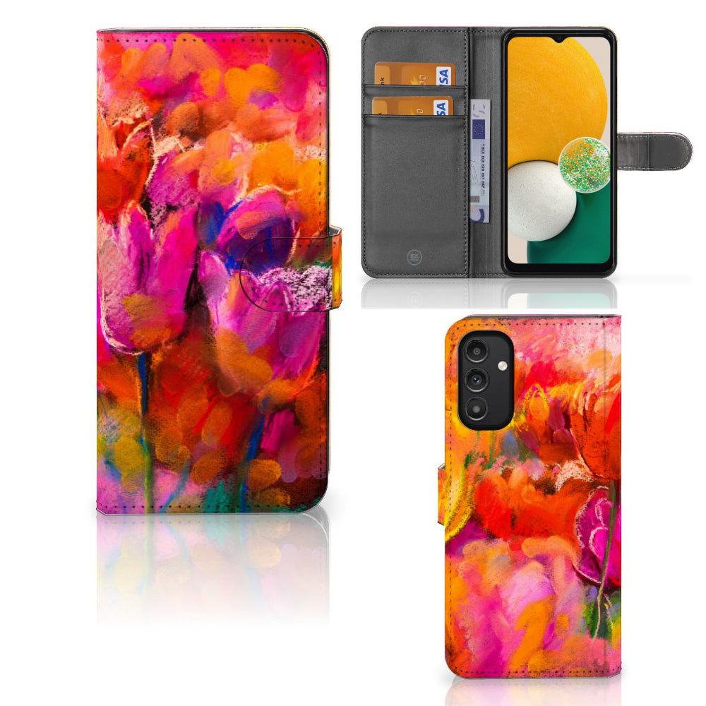 Hoesje Samsung Galaxy A14 4G Tulips met kleurrijk tulpenontwerp en ruimte voor 3 pasjes.