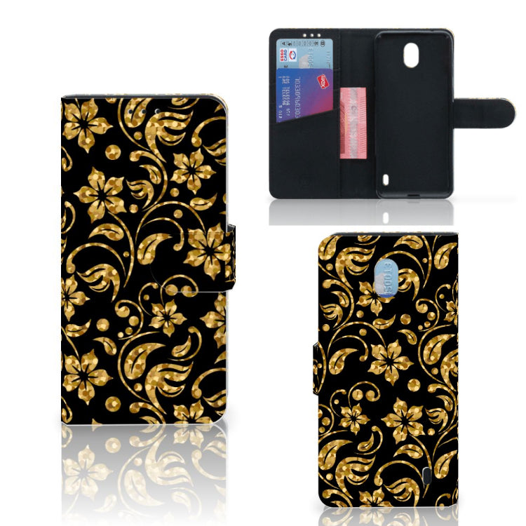 Nokia 1 Plus Hoesje Gouden Bloemen
