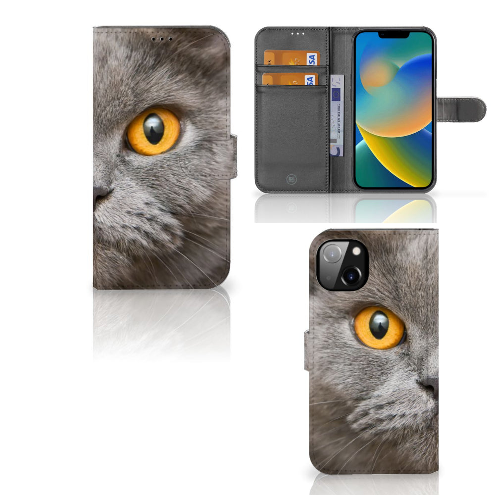 Telefoonhoesje met Pasjes iPhone 14 Plus Britse Korthaar met afbeelding van grijze kat met opvallende ogen.