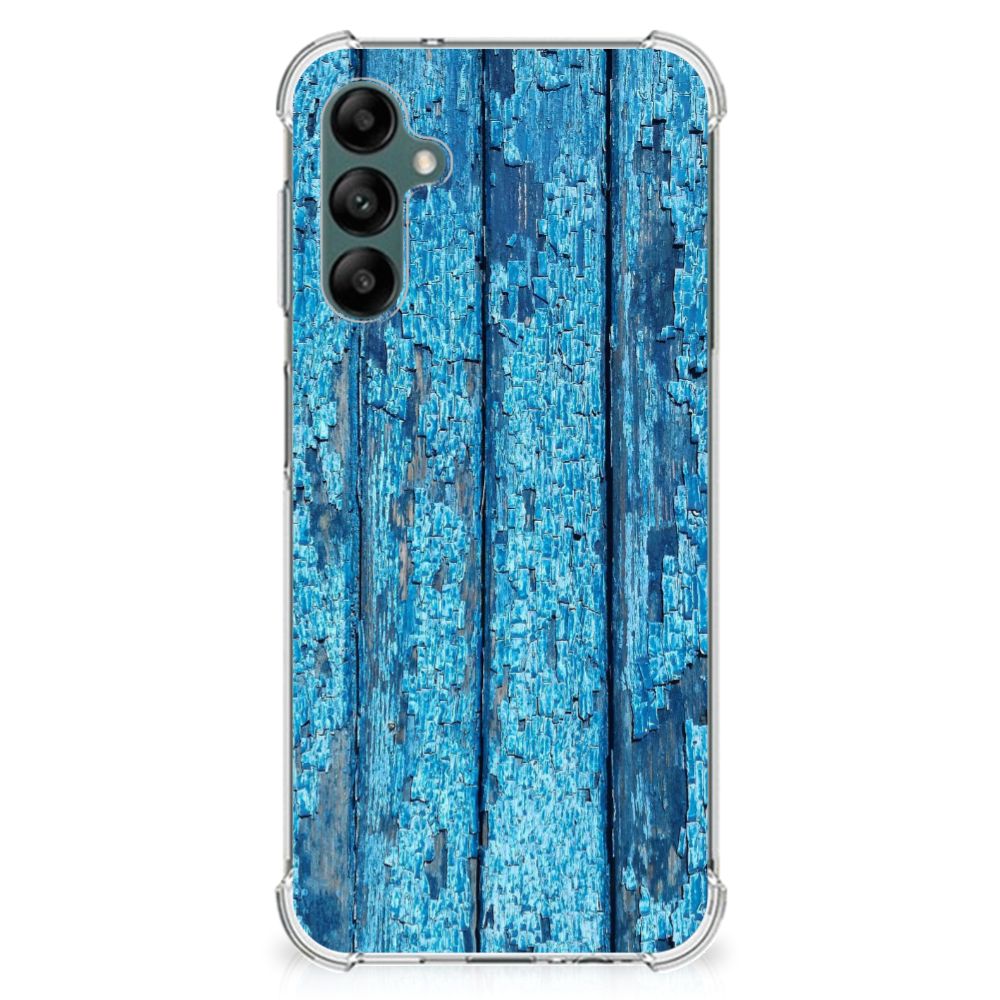Samsung Galaxy A14 5G/4G Stevig Telefoonhoesje Wood Blue met een uniek blauw houtdesign.