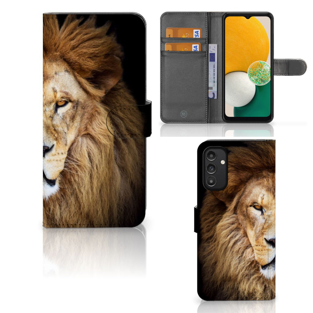 Samsung Galaxy A14 4G Telefoonhoesje met Pasjes Leeuw met magnetische sluitclip en leeuw ontwerp.