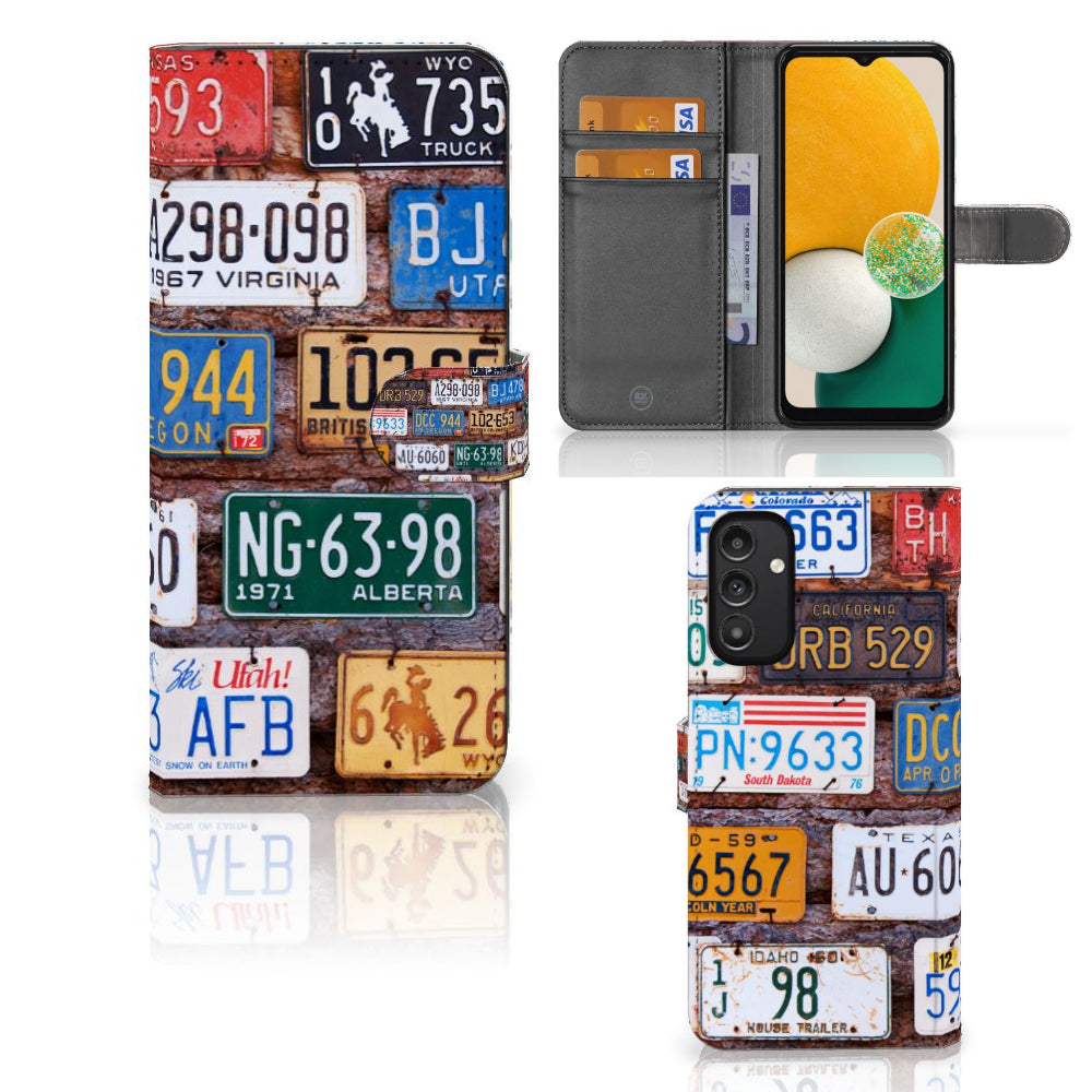 Samsung Galaxy A14 4G Telefoonhoesje met foto Kentekenplaten met kleurrijke Amerikaanse kentekenplaten collage.