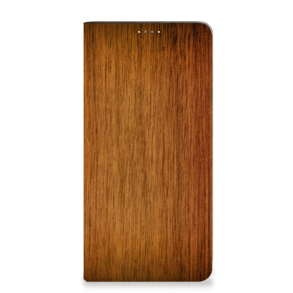 Samsung Galaxy A14 4G Book Wallet Case Donker Hout met realistische houten afwerking.