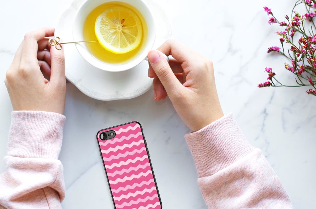 iPhone SE 2022 | SE 2020 | 7/8 Back Case Waves Pink on a table next to a cup with lemon tea.