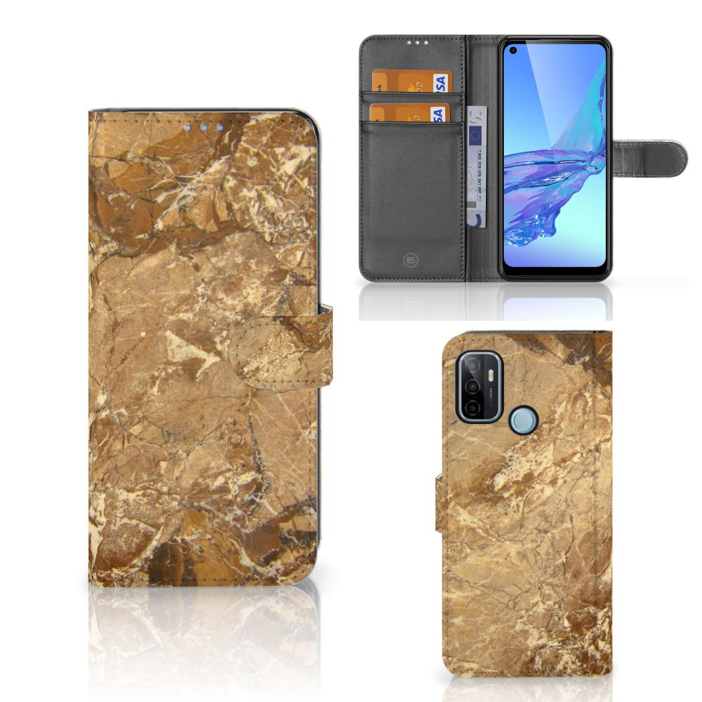 OPPO A53 | OPPO A53s Bookcase Marmer Creme met pasjes in marmer design, biedt luxe bescherming voor je smartphone.