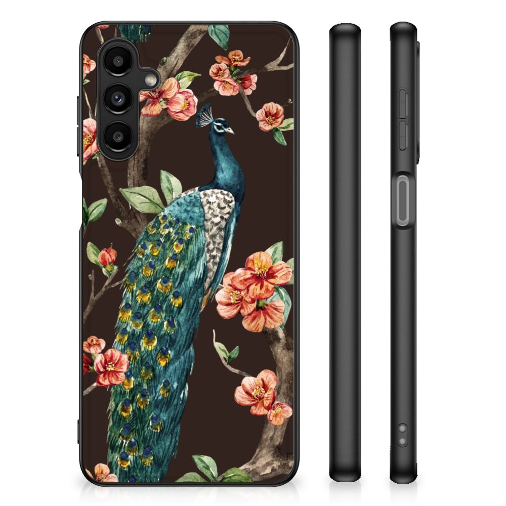 Samsung Galaxy A14 5G Dierenprint Telefoonhoesje Pauw met Bloemen met kleurrijke pauw en bloemenprint op zwarte achtergrond.