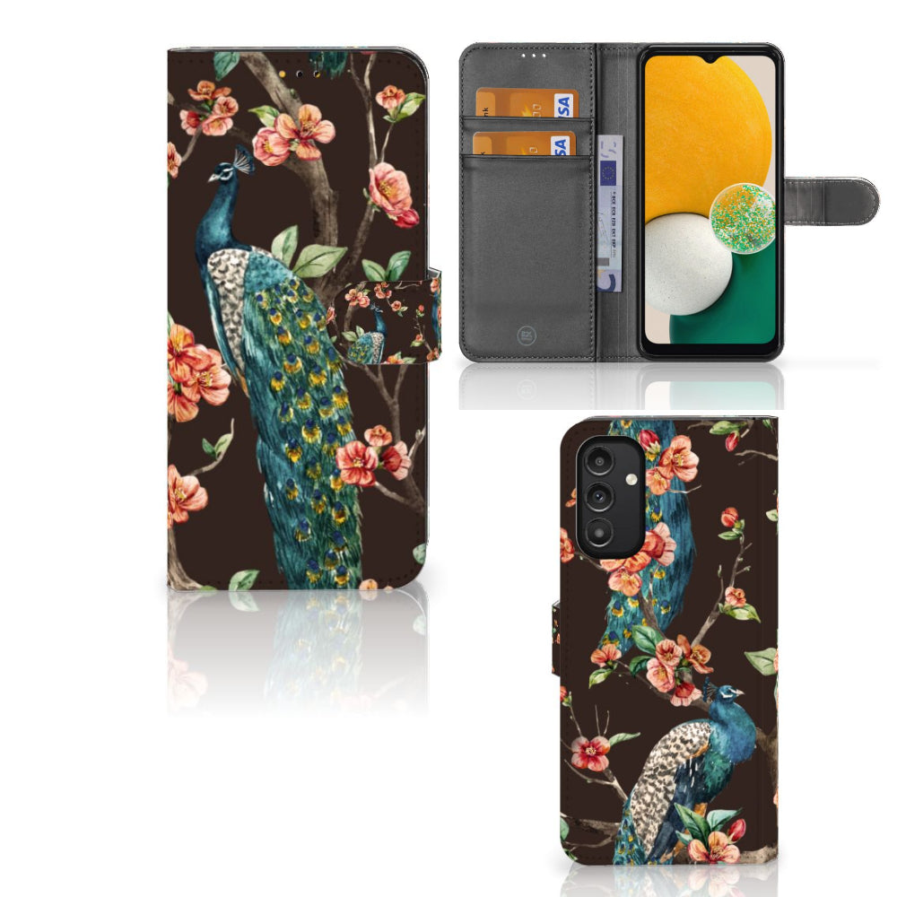 Samsung Galaxy A14 5G Telefoonhoesje met Pasjes Pauw met Bloemen met magnetisch lipje en pasjesruimte.