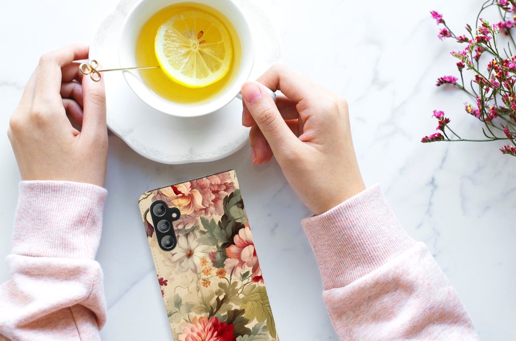 Smart Cover voor Samsung Galaxy A14 5G Bloemen met een kopje thee en een schijfje citroen