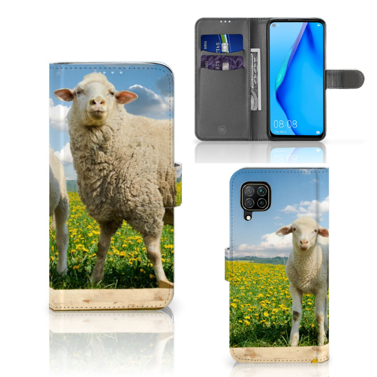 Huawei P40 Lite Telefoonhoesje met Pasjes Schaap en Lammetje