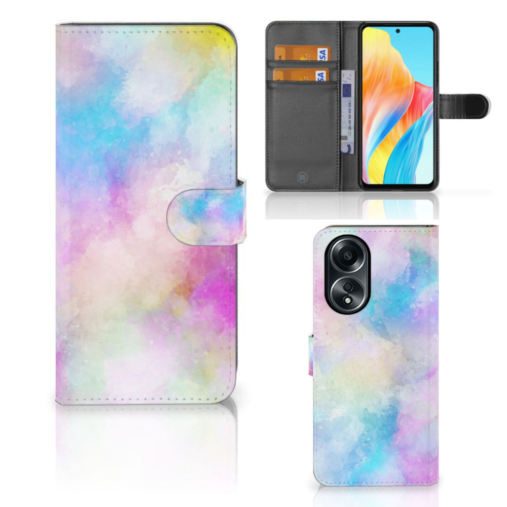 Hoesje OPPO A58 4G Watercolor Light met pastelkleuren en pasjeshouder voor unieke uitstraling.