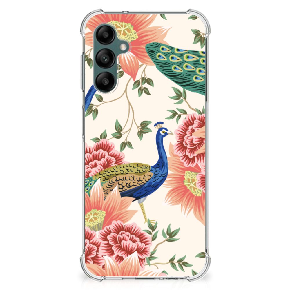 Case Anti-shock voor Samsung Galaxy A14 5G/4G Pink Peacock met kleurrijke pauwen en bloemenprint