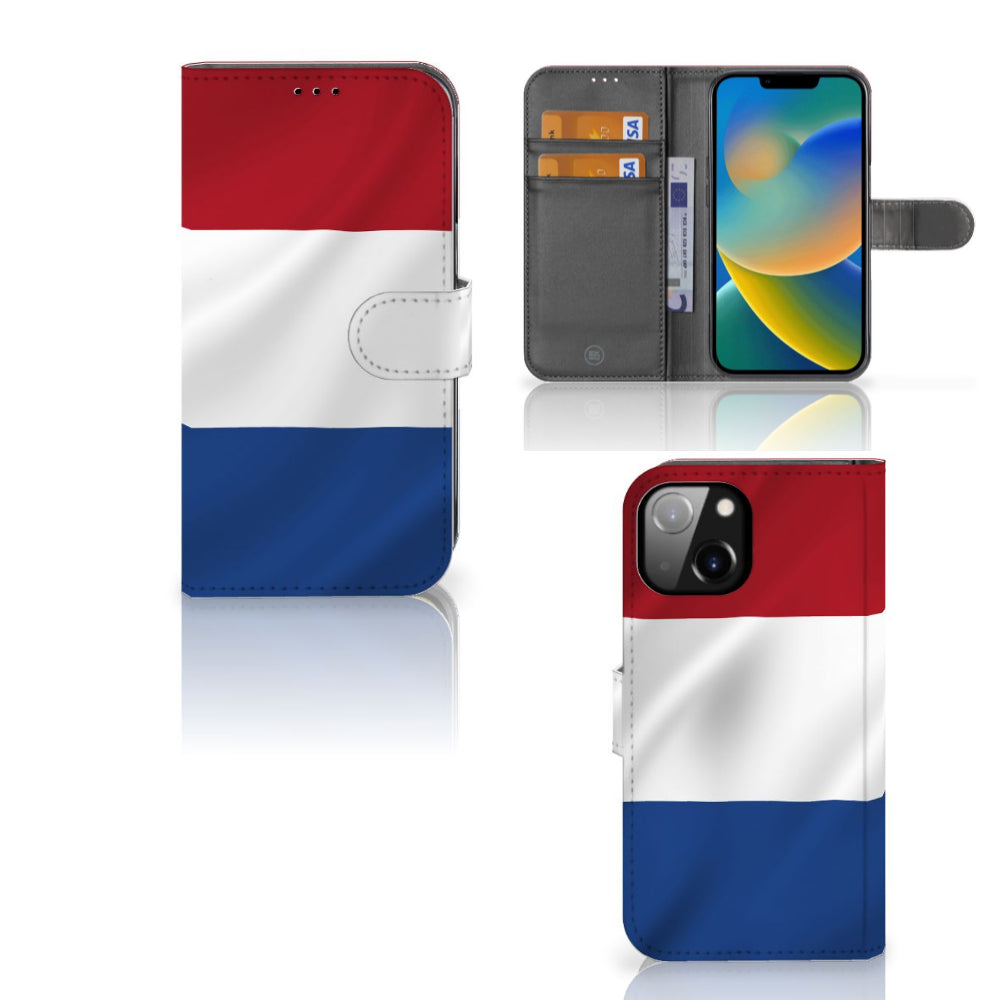 Apple iPhone 14 Bookstyle Case Nederlandse Vlag met pasjes en kleurrijk ontwerp van de vlag van Nederland.