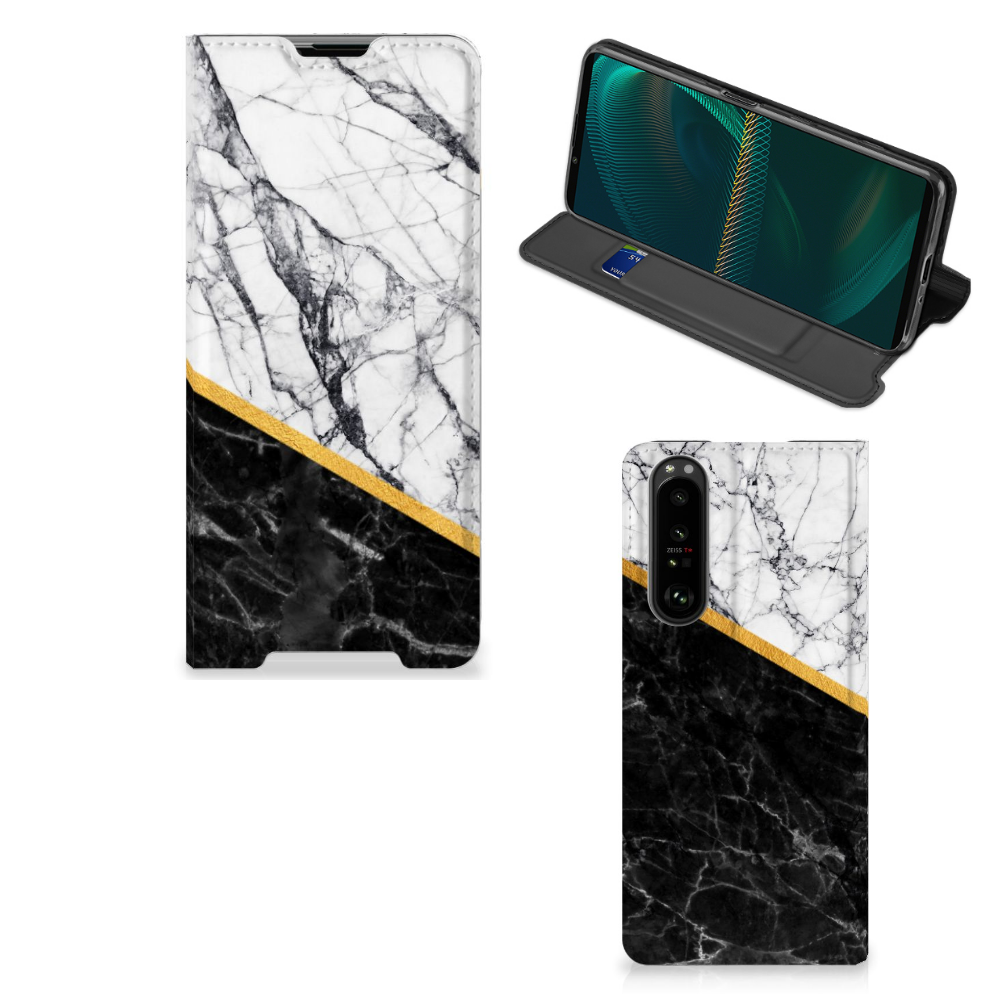 Sony Xperia 5 III Standcase Marmer Wit Zwart - Origineel Cadeau Man - B2C Telecom