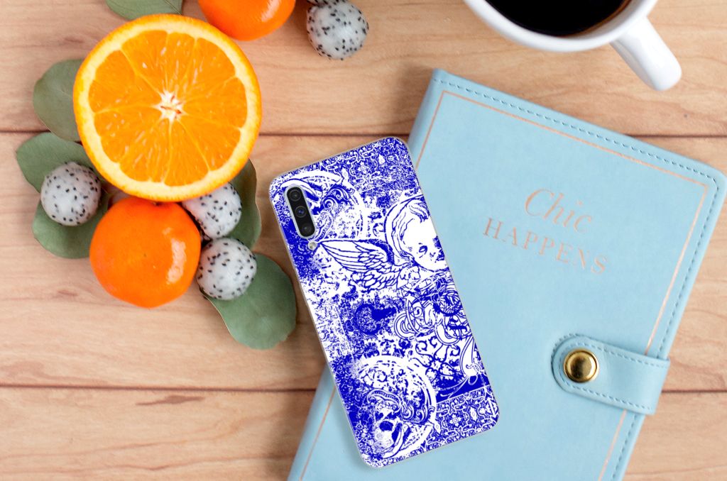 Silicone Back Case Samsung Galaxy A50 Angel Skull Blauw