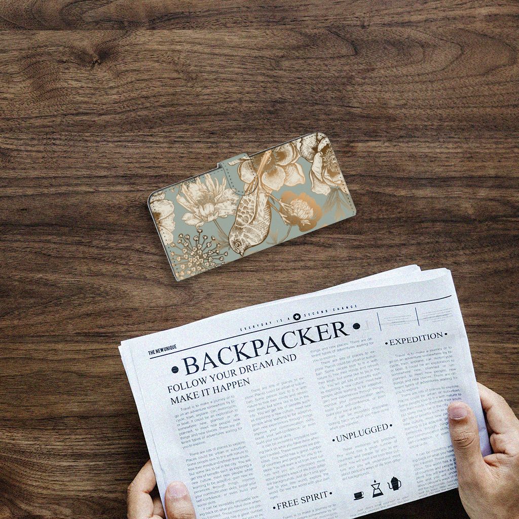 Hoesje voor Samsung Galaxy A14 4G Vintage Bird Flowers op een houten tafel met een krant.