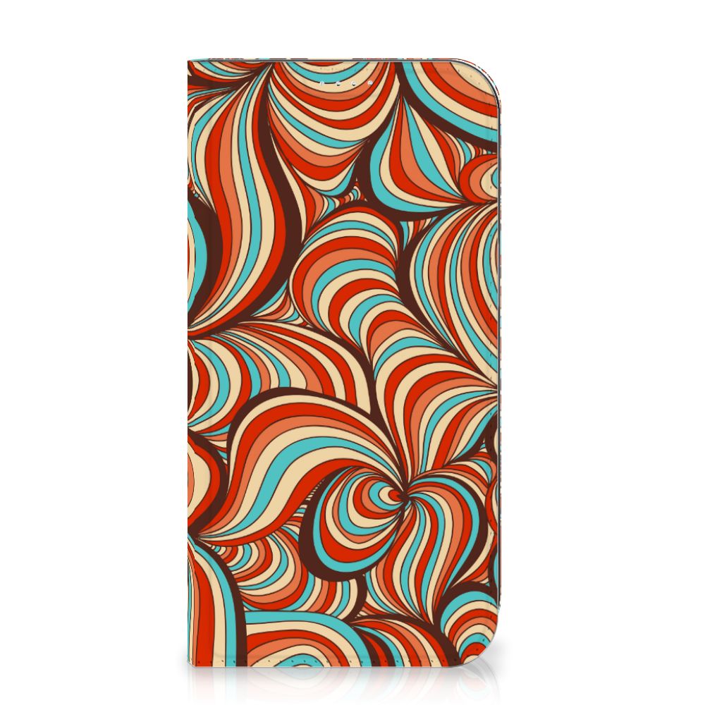 iPhone 15 Plus Bookcase Retro met kleurrijk golfpatroon in retro stijl