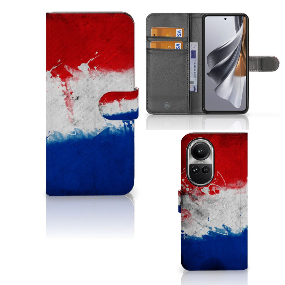 OPPO Reno10 | 10 Pro Bookstyle Case Nederland met artistieke Nederlandse vlag design en pasjeshouder.