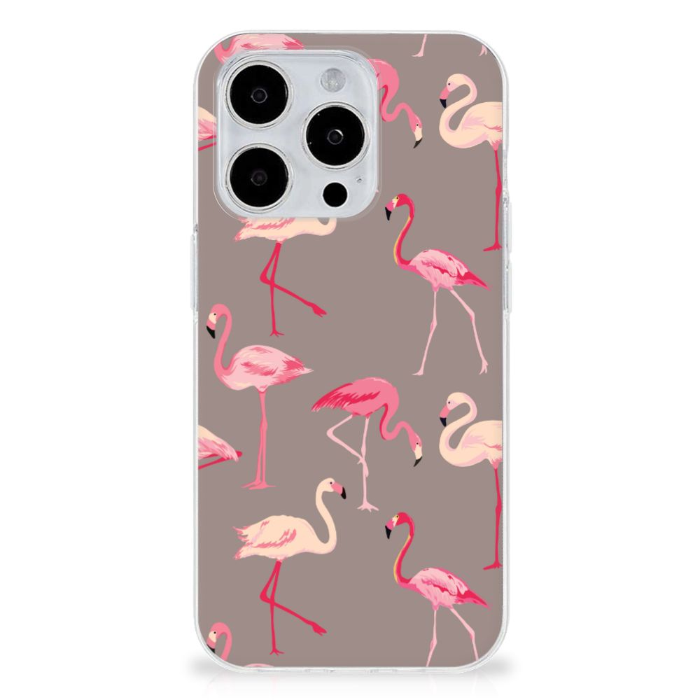 iPhone 15 Pro Max TPU Hoesje Flamingo met roze flamingo's op een grijze achtergrond đĻŠ