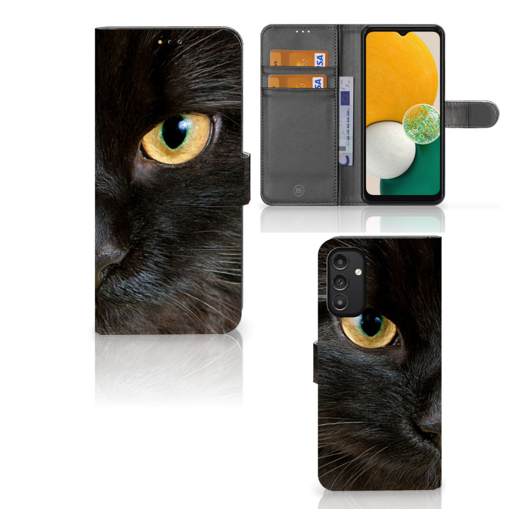 Samsung Galaxy A14 5G Telefoonhoesje met Pasjes Zwarte Kat met afbeelding van een zwarte kat en pasjeshouder.