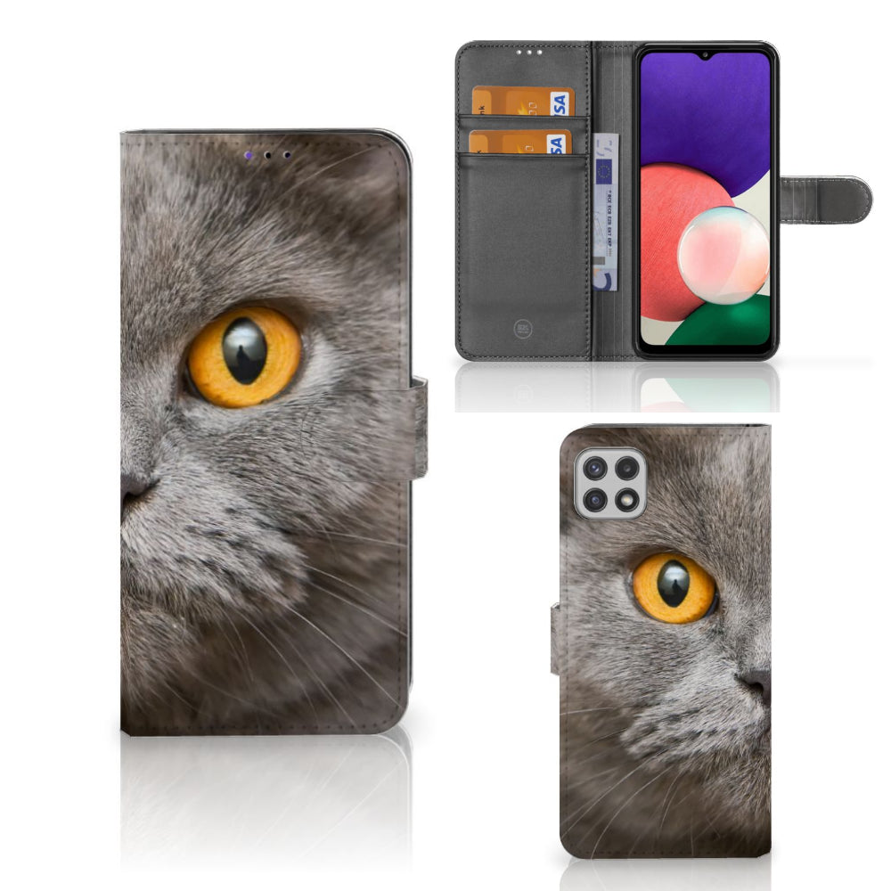 Telefoonhoesje met Pasjes Samsung Galaxy A22 5G Britse Korthaar met afbeelding van Britse korthaar kat
