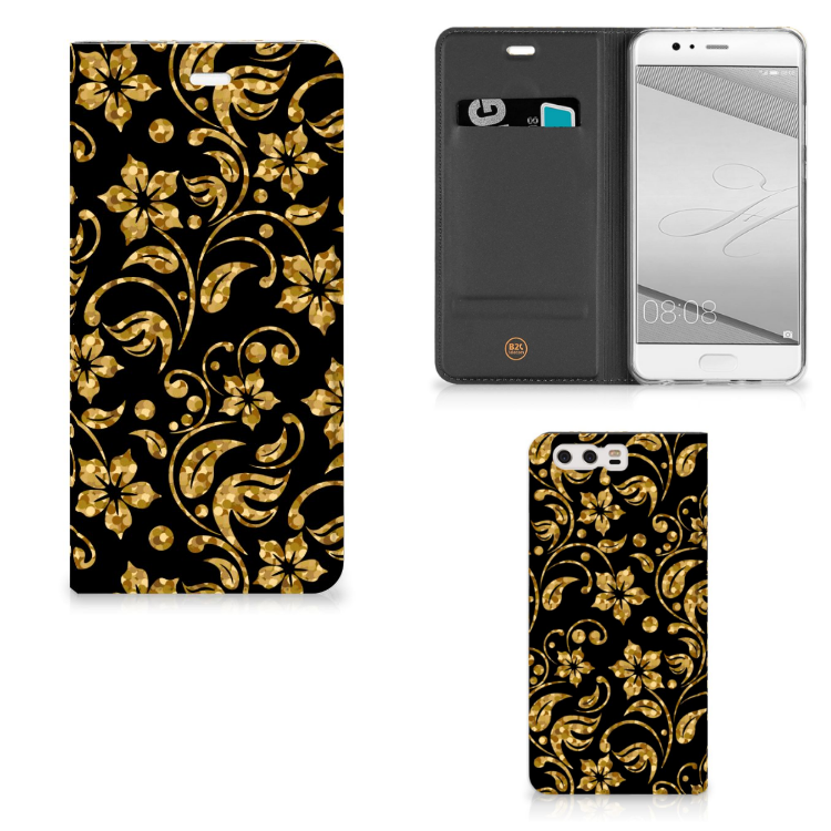 Huawei P10 Plus Smart Cover Gouden Bloemen