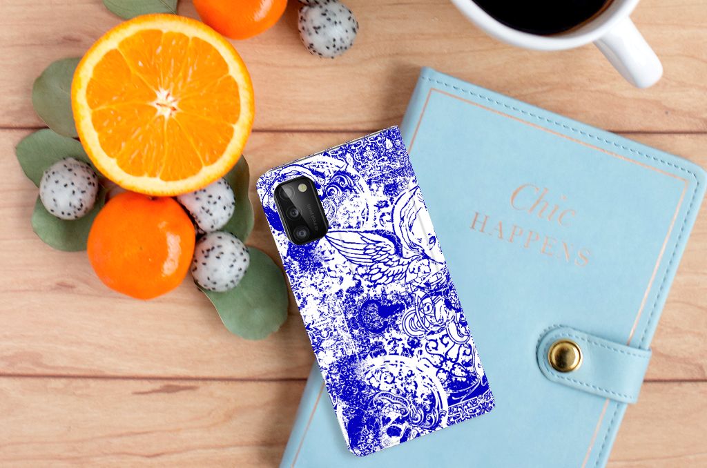 Mobiel BookCase Samsung Galaxy A41 Angel Skull Blauw - B2C Telecom