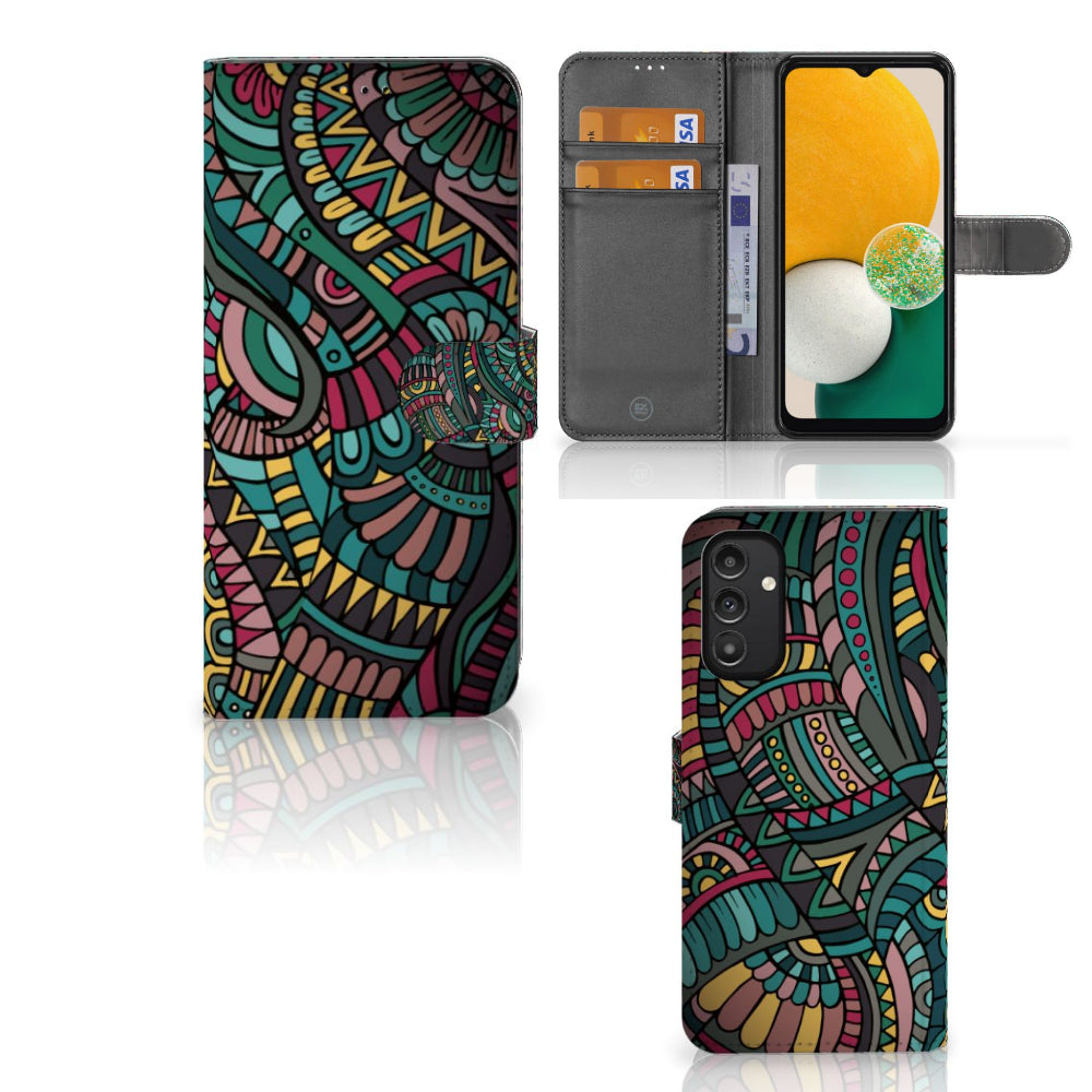 Samsung Galaxy A14 5G Telefoon Hoesje Aztec met kleurrijk ontwerp en ruimte voor pasjes.