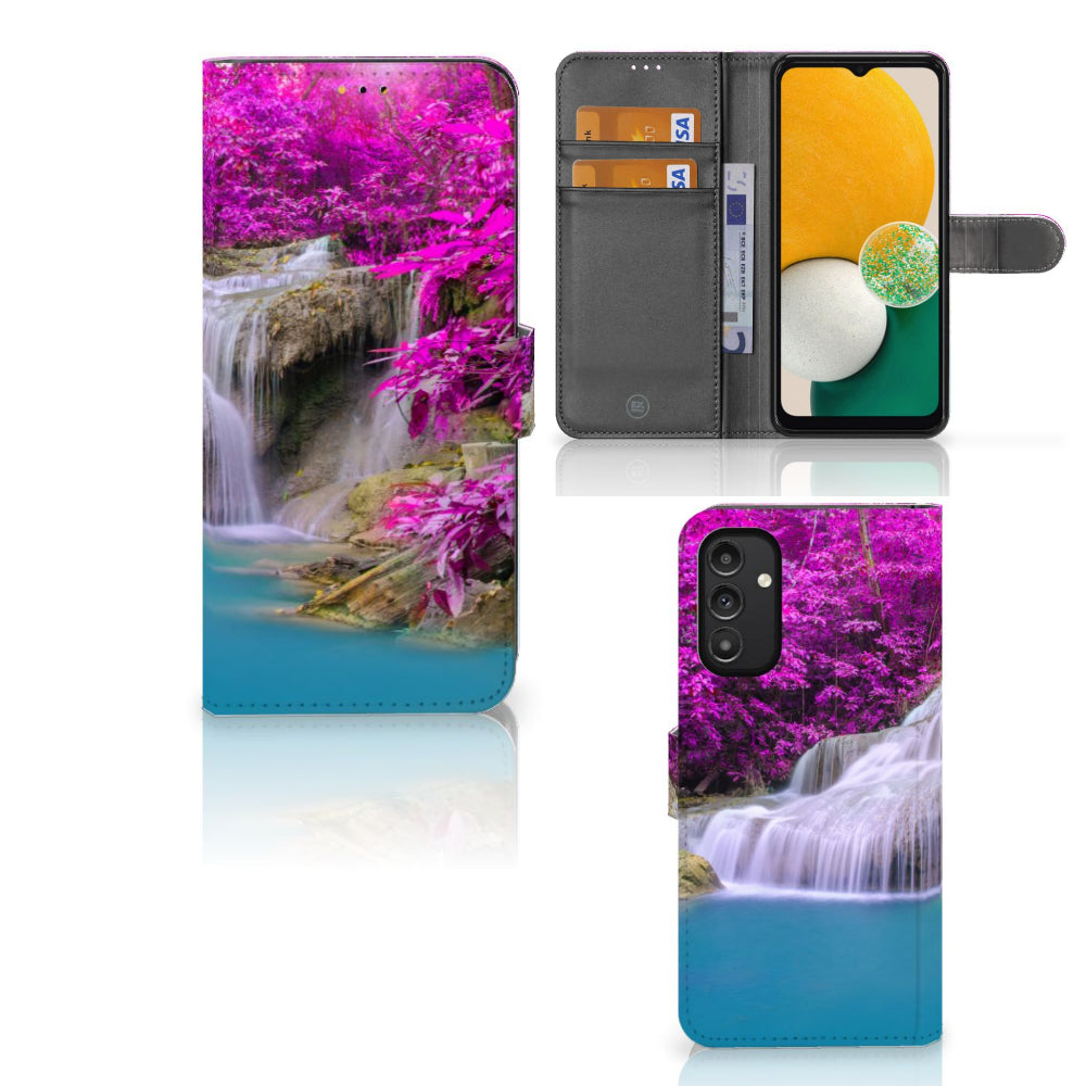 Samsung Galaxy A14 5G Flip Cover Waterval met waterval en paarse bomen op de voorkant.