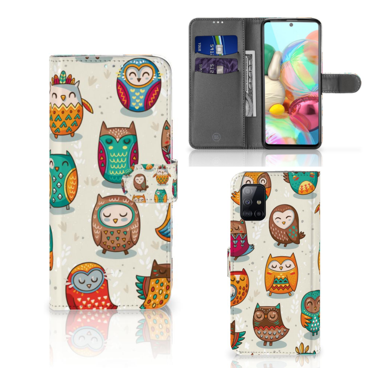 Samsung Galaxy A71 Telefoonhoesje met Pasjes Vrolijke Uilen