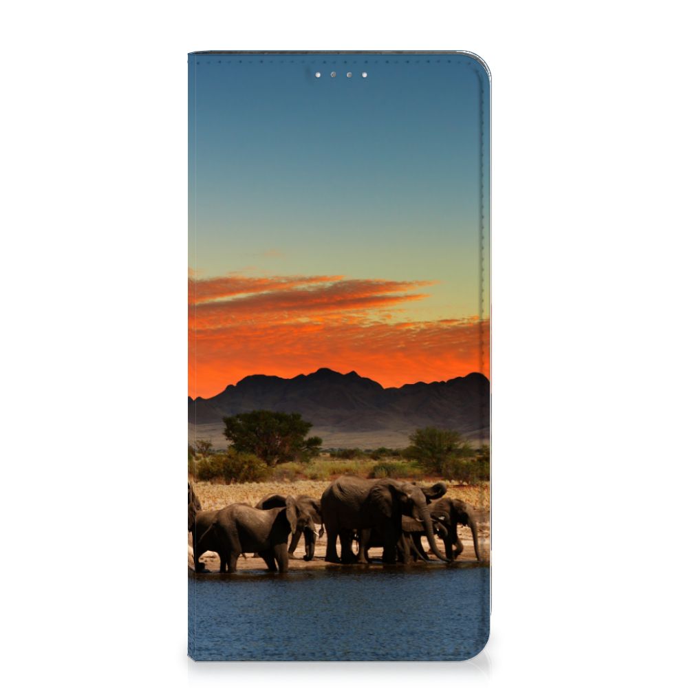 Samsung Galaxy A14 5G Hoesje maken Olifanten met olifantenprint en kleurrijke zonsondergang.
