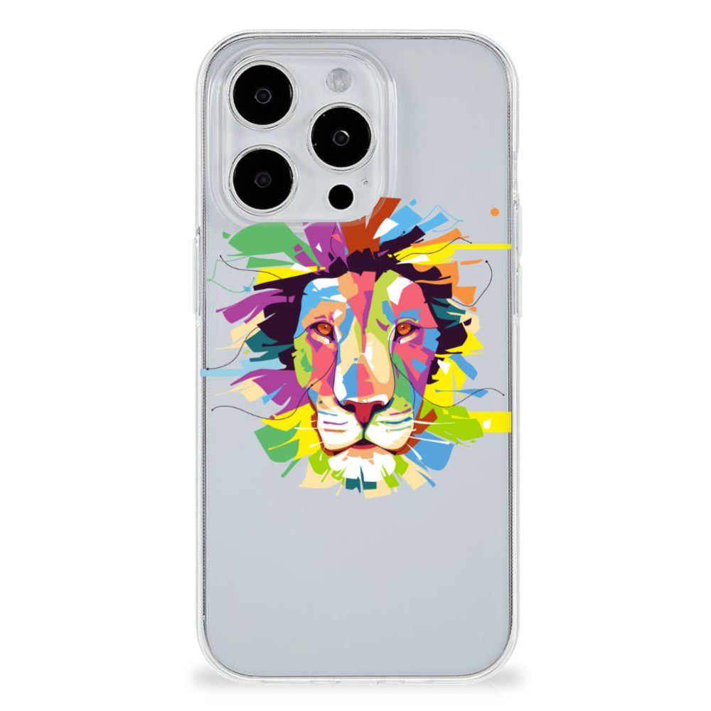 iPhone 15 Pro Telefoonhoesje met Naam Lion Color - kleurrijk leeuw ontwerp op flexibele rubber hoes.