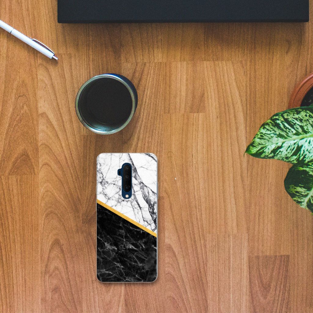 OnePlus 7T Pro TPU Siliconen Hoesje Marmer Wit Zwart - Origineel Cadeau Man