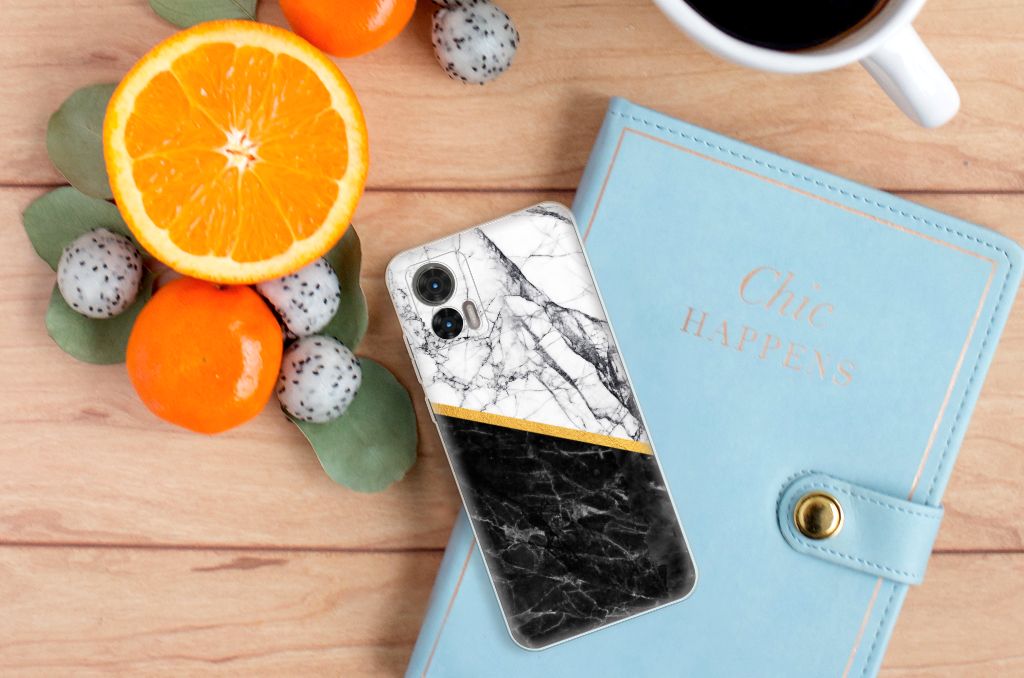 Motorola Edge 30 Neo TPU Siliconen Hoesje Marmer Wit Zwart - Origineel Cadeau Man