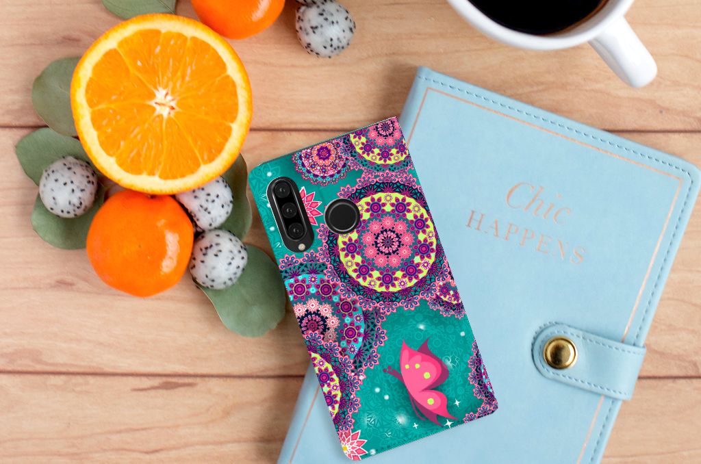 Huawei P30 Lite New Edition Bookcase Cirkels en Vlinders