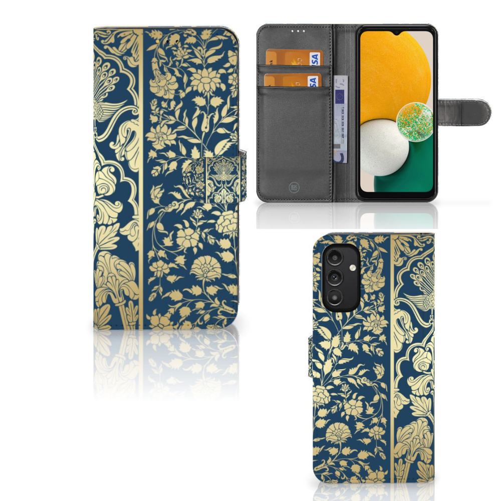 Samsung Galaxy A14 5G Hoesje Beige Flowers met luxe bloemen design en ruimte voor 3 pasjes.