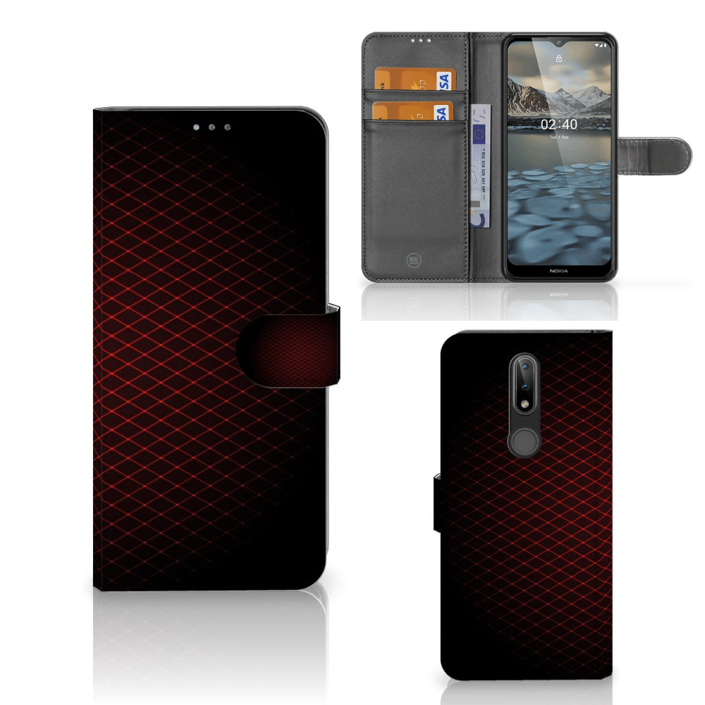 Nokia 2.4 Telefoon Hoesje Geruit Rood met ruimte voor 3 pasjes, minimalistisch design, zwart-rood contrast.