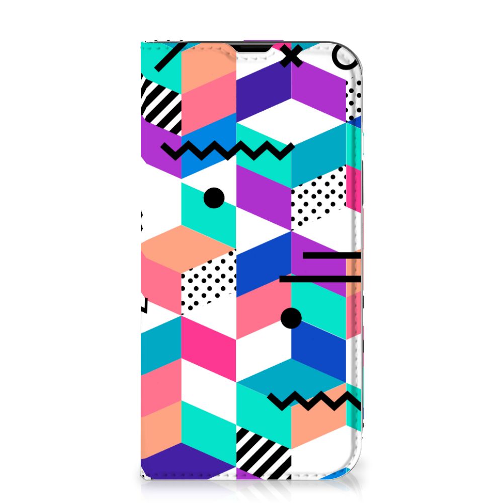 iPhone 14 Stand Case Blokken Kleurrijk met een kleurrijk geometrisch patroon van blokken en vormen.