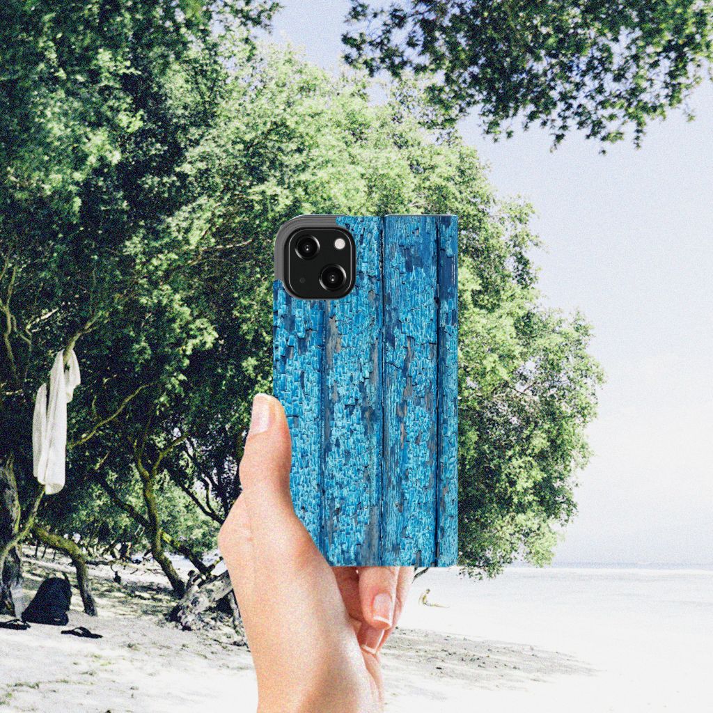 iPhone 13 Book Wallet Case Wood Blue