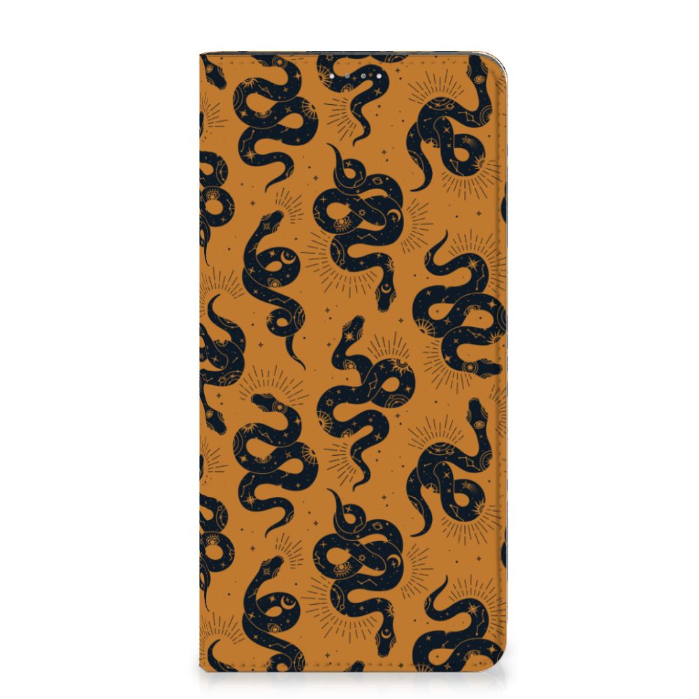 Hoesje maken voor Samsung Galaxy A14 4G Snakes met een unieke slangenpatroon op een oranje achtergrond.