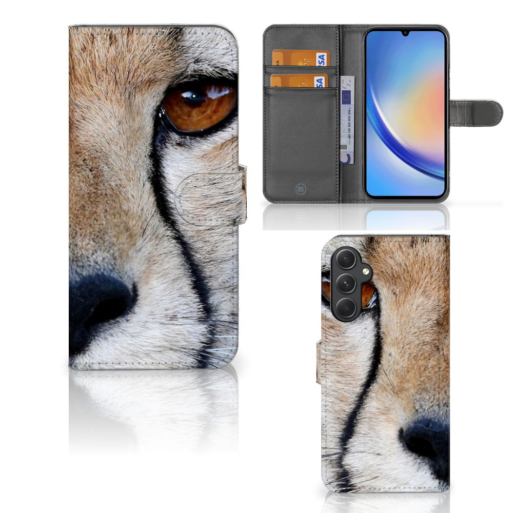 Samsung Galaxy A24 4G Telefoonhoesje met Pasjes Cheetah met close-up van een cheeta en ruimte voor 3 pasjes.