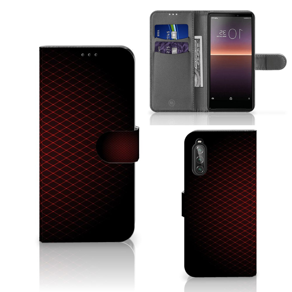 Sony Xperia 10 II Telefoon Hoesje Geruit Rood met ruimte voor 3 pasjes en minimalistisch design.
