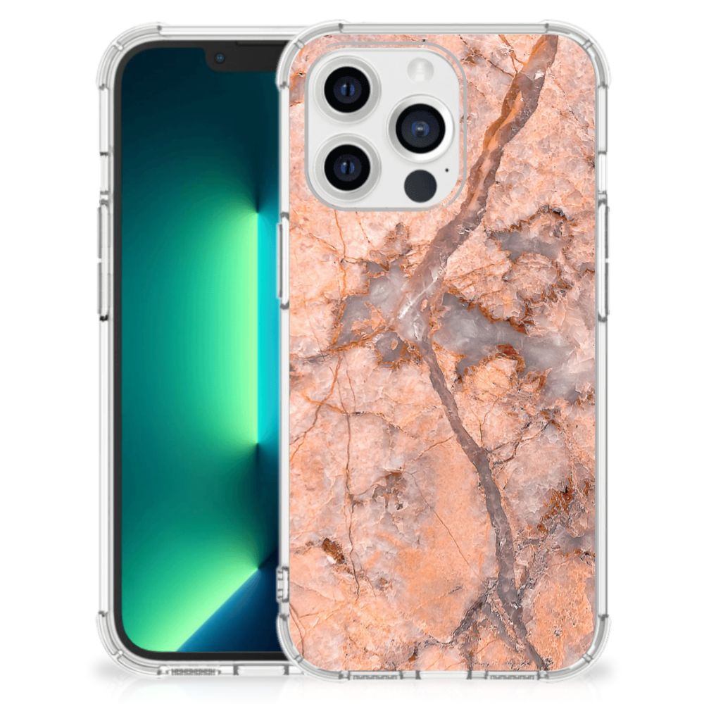 iPhone 13 Pro Max Anti-Shock Hoesje Marmer Oranje met flexibele rubberen bescherming en uniek design.
