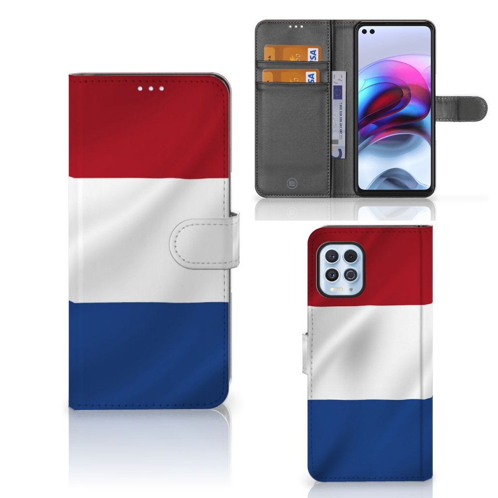 Motorola Moto G100 Bookstyle Case Nederlandse Vlag met pasjes en artistiek ontwerp van de vlag.