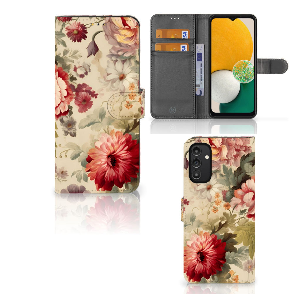 Hoesje voor Samsung Galaxy A14 5G Bloemen met bloemenpatroon en ruimte voor pasjes.